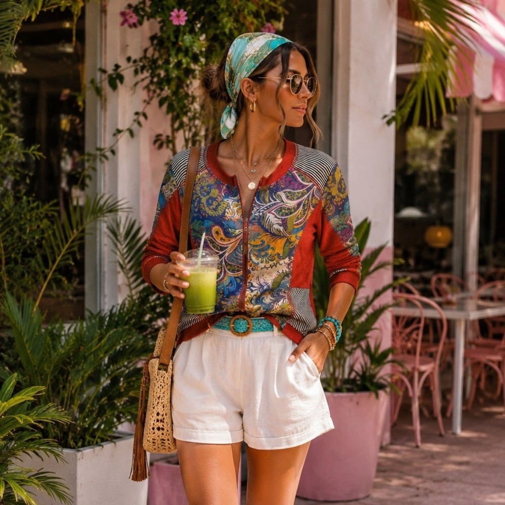 The Pyramid Collection Mixed Paisley Stripe Zip Front Knit Cardigan Jacket L